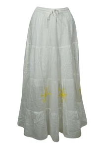 Boho Gypsy Hippy White Cotton Long Skirt Flared Solid Tiered Summer Skirts M/L