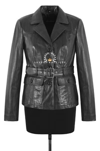 Womens TRENCH Coat Black Classic Real Soft Genuine Leather Jacket Castle Kate - Picture 1 of 7