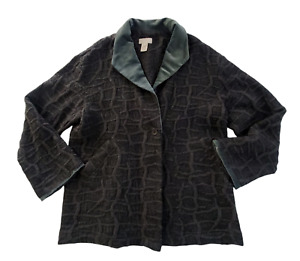 J Jill Vintage Dark Green Textured Cardigan Wool Sweater Velvet Collar Small USA