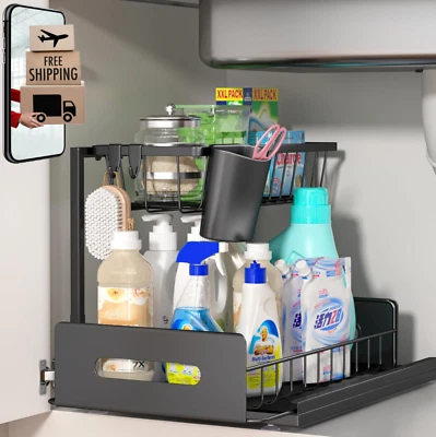 Organizador y almacenamiento debajo del fregadero de 2 niveles con ganchos y tazas Foto 1 de 4