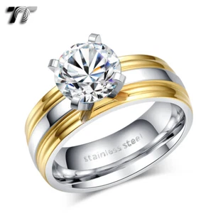 TT Two-Tone Gold STripe Stainless Steel Wedding Band Ring Size 6-10 (R336) - Picture 1 of 1