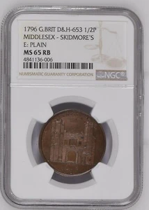 1796 Gt Britain DH-653 Middlesex-Skidmore's 1/2P Conder Token NGC MS65 RB - Picture 1 of 4