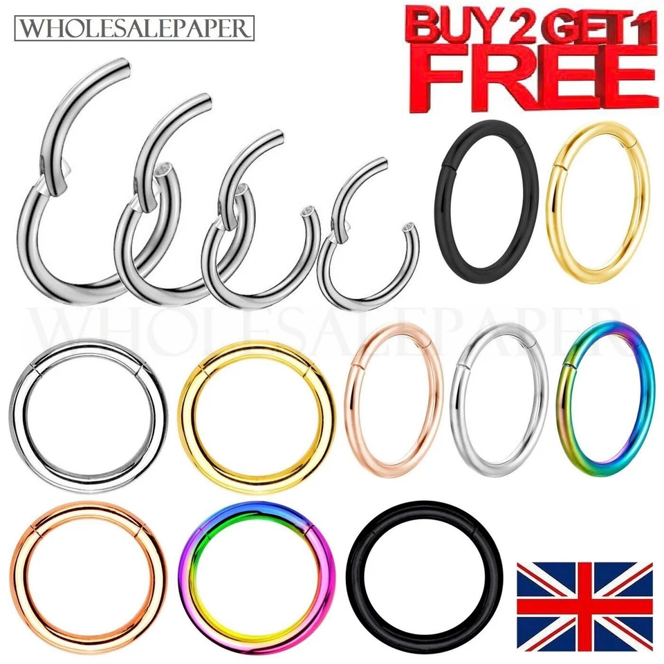 SURGICAL STEEL NOSE RING CLICKER SEPTUM HINGE SEGMENT FACE HOOP EAR LIP PIERCING - Image 1 of 4