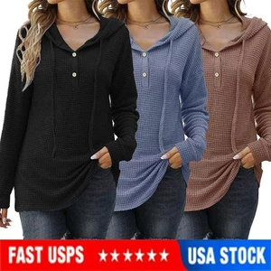 Womens Plain Long Sleeve Knitted Hoodies Jumper Hooded Pullover Tops Size S-2XL - Picture 1 of 15