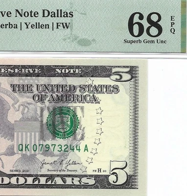 2021 $5 DALLAS FRN. PMG Superb Gem Uncirculated 68 EPQ Banknote. TOP POP. - Image 1 of 4