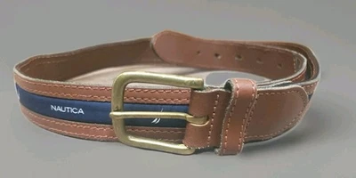 Cinto de couro marrom Nautica com incrustação de pano azul tamanho 36 #93883 usado GC  - Imagem 1 de 4