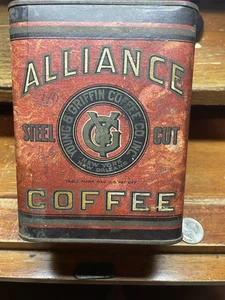 Antike Alliance Stahlschliff Kaffee Papier Etikett Kaffeedose - Bild 1 von 6