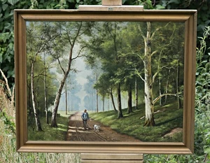 Spaziergang im Wald mit Hund – Landschaft – Öl auf Leinwand – signiert – Rahmen - Bild 1 von 7
