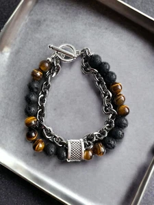 Tiger's Eye And Lava Rock Natural Beads Bracelet With Stainless Steel Chain Man - Picture 1 of 7