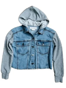 Youth Denim Cotton Hooded Jacket Size L Cropped Button Down Treasure & Bond - Picture 1 of 8