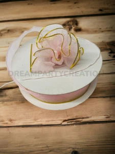 7/8" (LIGHT PINK) Organza PULL RUFFLED BOW Ribbon GOLD Edge on one side 25 Yds - Picture 1 of 1