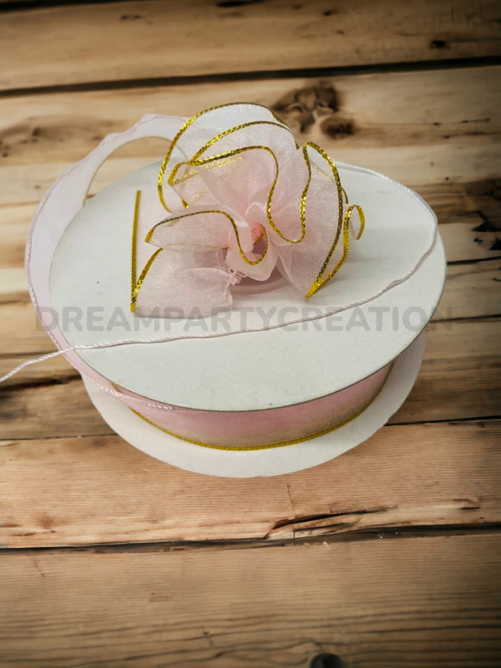 7/8" (ROSA CLARO) Organza PULL VOLANTES LAZO Cinta Borde DORADO en un lado 25 Yardas Foto 1 de 1