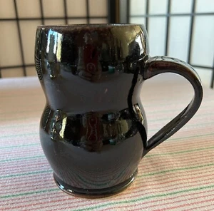 Large Dark Black Brown SIGNED SWB ART POTTERY MUG CURVY Gourd Shape 5-1/4" - Picture 1 of 6