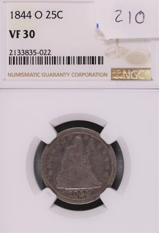 1844-O Seated Liberty Silver Quarter NGC VF-30 #5-022 Cover