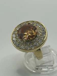 Women’s Gold- Tone Ring-Amber Cubic Zirconia Center & Multiple Crystals Size 7 - Picture 1 of 8