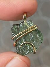 11.78ct Moldavite Natural Green Pendant in Forged 14k Yellow Gold Total Weight