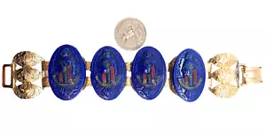 Incredibile Bracciale Egiziano Revival Vetro Blu e Smaltato Faraone Vintage Link - Foto 1 di 3