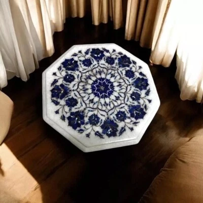 Mesa de centro central de mármol blanco octágono de 15" con incrustaciones florales de lapislázuli artes decoración del hogar Foto 1 de 4