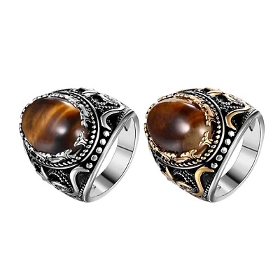 Retro Luxury Mens Natural Tiger Eye Gemstone Band Punk Biker Ring Band Size 7-13 - Image 1 of 4