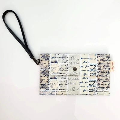 Handmade Blue Newspaper Print Canvas Flap Envelope Wristlet Bag 7.5" x 4.5" - Image 1 of 4