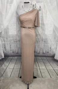 Adrianna Papell Size 6 One Shoulder Sleeve Glitter Slit Gown Blush Rose Gold B10 - Picture 1 of 12