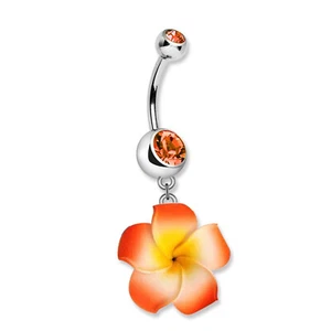 1- 14 Gauge 3/8 Inch Steel Barbell Navel Ring Boho Hawaiian Plumeria Flower B617 - Picture 1 of 5