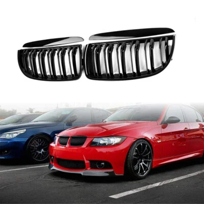 For 2005-08 BMW 3 Series E90 E91 Gloss Black Front Kidney Dual Slat Grill Grille - Image 1 of 4