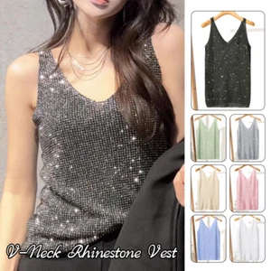 V-Ausschnitt Strass Weste vielseitig Pailletten lose Tank Tops funkelnde Oberbekleidung - Bild 1 von 22