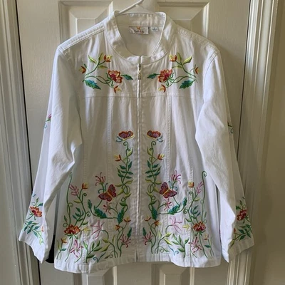 Quacker Factory Embellished Full Zip Jacket Embroidered Floral Butterfly Large - Image 1 of 4