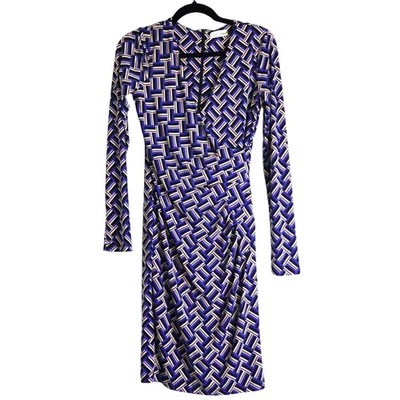 Calvin Klein Wrap Dress Geometric 2 V Neck Long Sleeves Stretch Corporate Work - Image 1 of 4