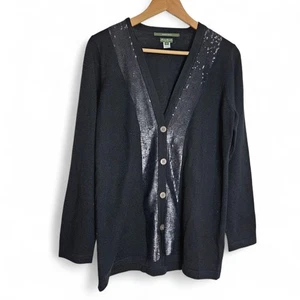 Maglione cardigan nero Eddie Bauer donna lana merino bordo paillettes taglia LP - Foto 1 di 15