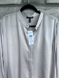 Eileen Fisher Mandarin Collar Textured Silk Shirt XS $258 Almond - Picture 1 of 7