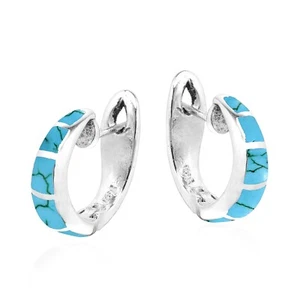Simple Elegance Turquoise Inlay Sterling Silver Hoop Huggie Earrings - Picture 1 of 4