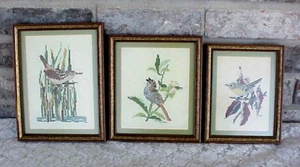 Vintage gerahmte Kreuzstich Vogel Szene Wandbilder 3er Set mattiert - Bild 1 von 11