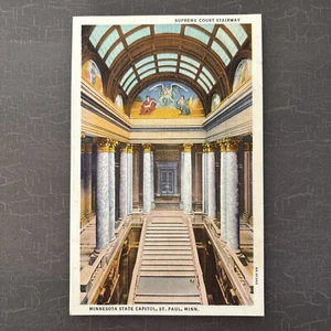 Vintage Leinen Postkarte Minnesota State Capitol Supreme Court Stairway 1938 Post - Bild 1 von 2