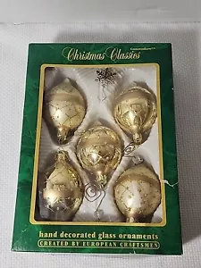 Scatola vintage di 5 Commodore vetro oro ornamenti a goccia fatti a mano in Romania - Foto 1 di 4