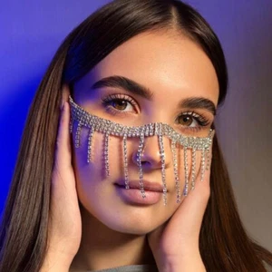 Damen Strass Gesichtsmaske Quasten Mode Metall Party Schleier Kopf Kette 23021 - Bild 1 von 10