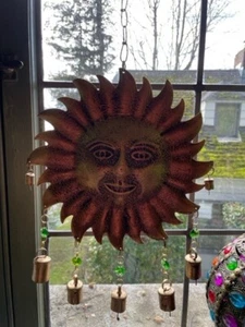 Wind Chime Large Beautiful Brass Sun Face Emerald Green Crystals - Picture 1 of 4