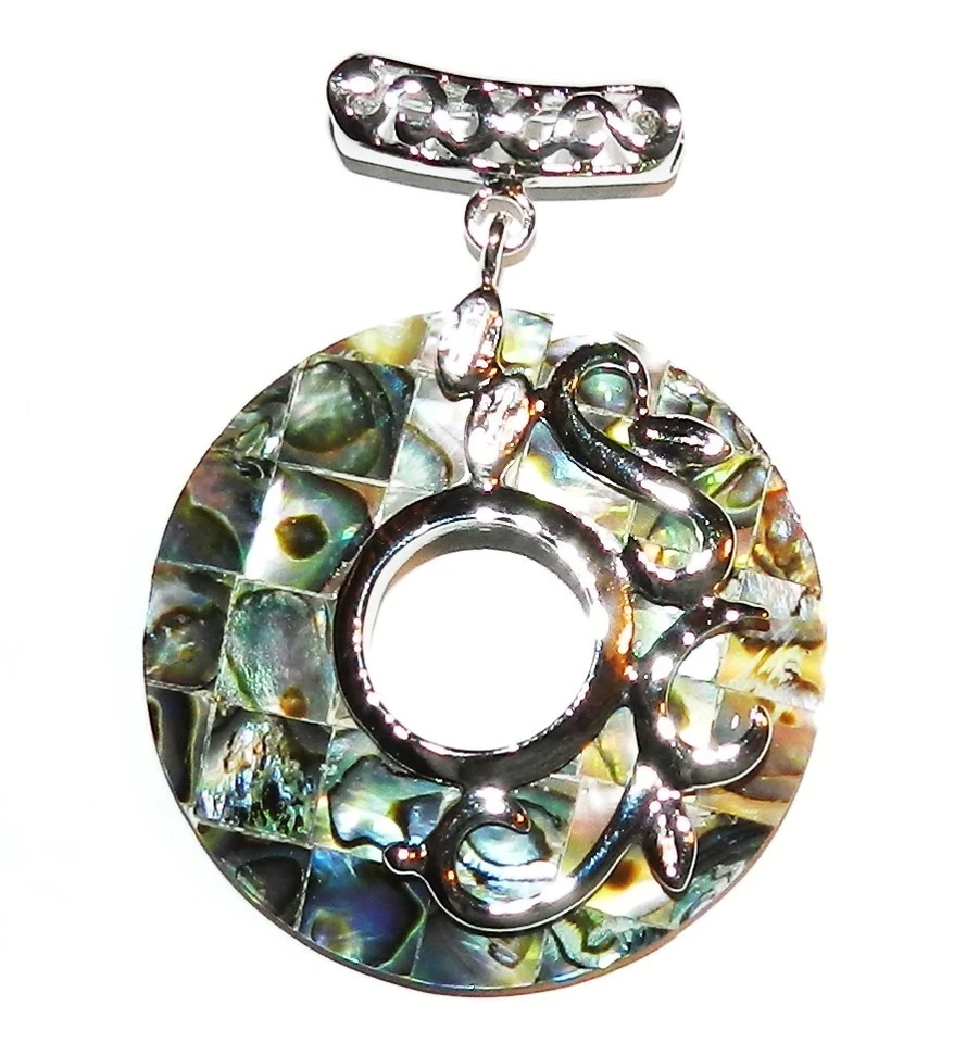 P1878 Mosaic Round Donut Abalone Shell 40mm Pendant w Silver Brass Setting  - Image 1 of 1