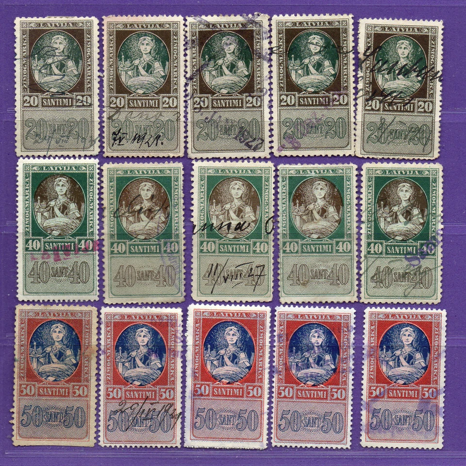 1928s LATVIA LETTLAND LOT OF 15 REVENUE STAMPS 20 40 AND 50 San. 208 - Image 1 of 1