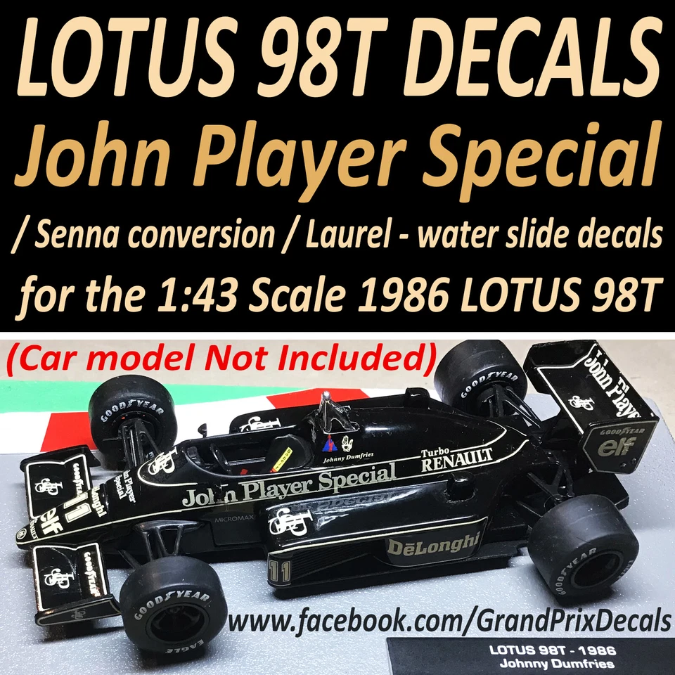 LOTUS 98T 1986 water slide DECALS - JPS / Senna / Laurels 1:43 F1 Car Collection - Image 1 of 4