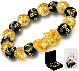 Feng Shui schwarz Obsidian Reichtum Armband vietnamesische Sagin Pixiu Charakter - Bild 1 von 2