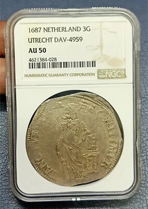 Rare 1687 Netherlands 3G Silver Utrecht Top Pop 1 NGC AU50 - Picture 1 of 6