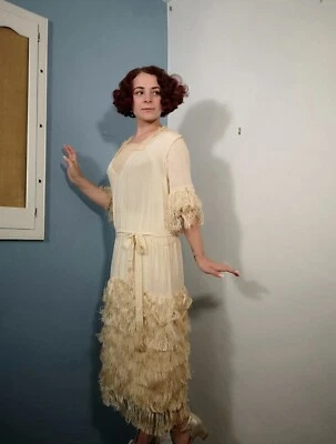 Vintage Antique 1920s Wedding Dress Original Owner Fringe White Crepe Silk Gown  - Image 1 of 4