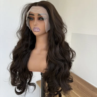 Long Wavy Frontal T Lace Wig Pre Plucked Dark brown Layered Heat Resistant Hair - Image 1 of 4