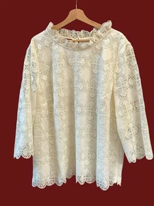 NWOT Talbots Plus 3X Cream Lace Blouse Ruffle Neck 3/4 Sleeve Elegant Relaxed - Picture 1 of 6