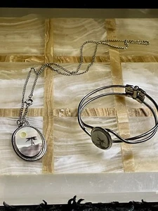 Vintage Silver Toned Iridescent Palm Tree Engraved Necklace & Bracelet Set - Picture 1 of 4