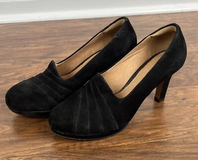 Zapatos de salón artesanales Clarks para mujer 6,5 m plataforma de gamuza negra tacones altos punta cerrada Foto 1 de 4
