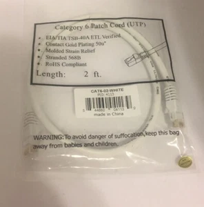 NEW Category 6 Patch Cord (UTP) 2 FT 100% Copper Wire WHITE Ethernet - Picture 1 of 1