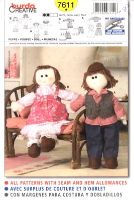 16 Inch Soft Boy and Girl Dolls and Clothes, Burda Pattern 7611 - Image 1 of 2
